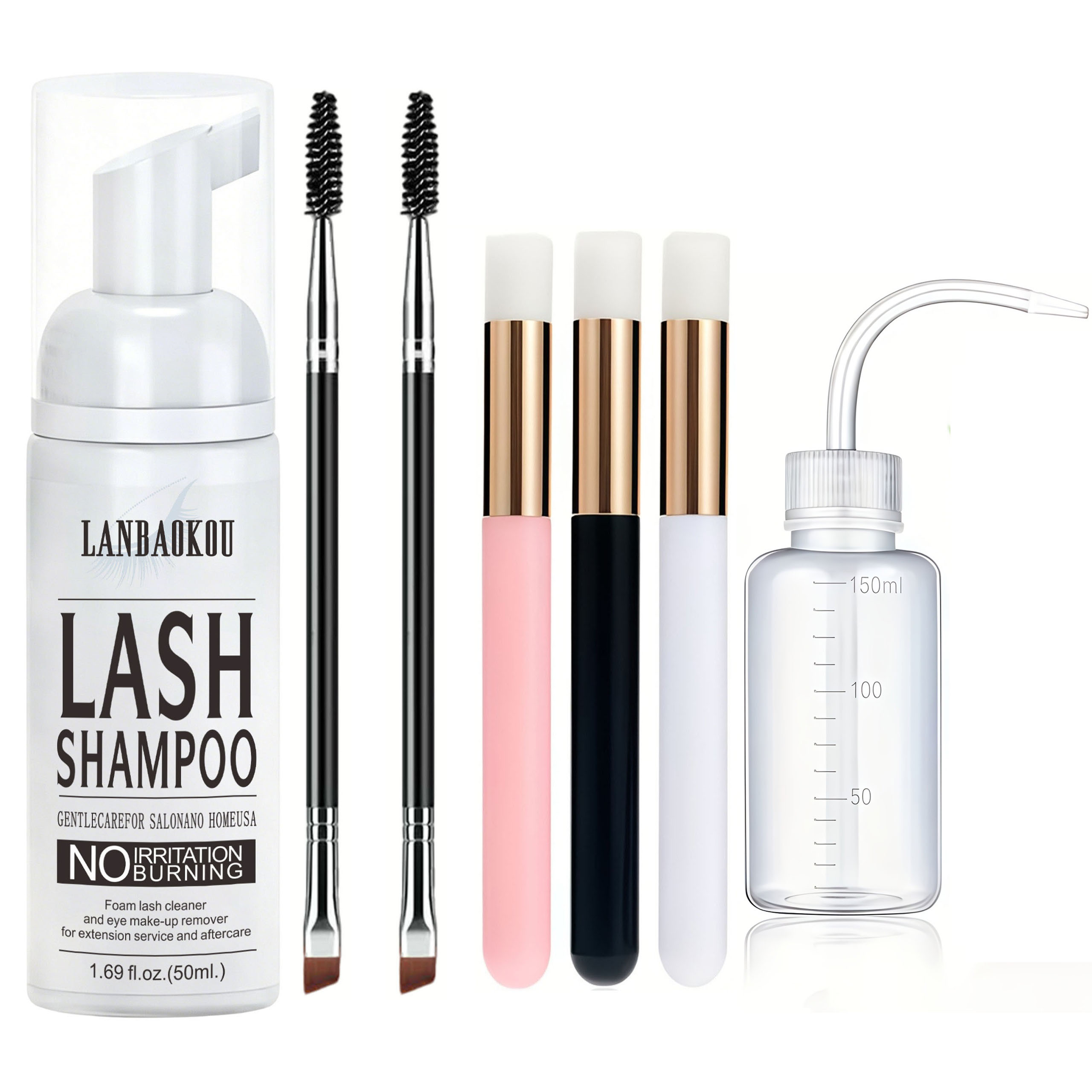 Eyelash Extension Cleaning - แชมพูสำหรับขนตา 50 มล. + แปรงและแท่งมาสคาร่า โฟมทำความสะอาดเปลือกตา